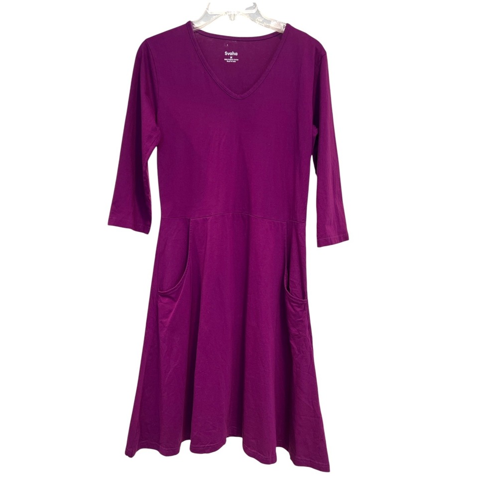 Svaha Organic Cotton Dress M Purple Plum Fit Flare Midi Pockets Cottagecore - Picture 2 of 8